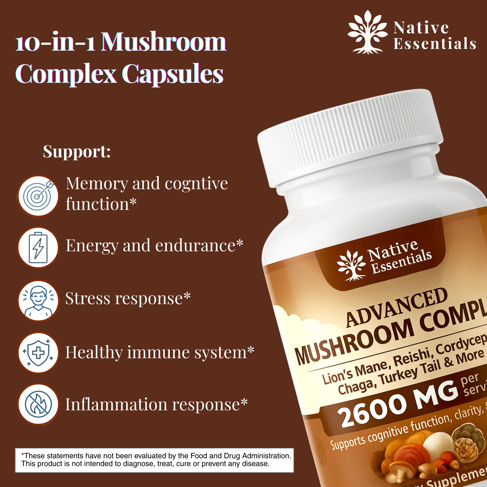 10-in-1 Advanced Mushroom Complex - Lions Mane, Reishi, Cordyceps, Chaga, Maitake, Turkey Tail, & more.