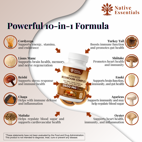 10-in-1 Advanced Mushroom Complex - Lions Mane, Reishi, Cordyceps, Chaga, Maitake, Turkey Tail, & more.